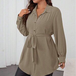 Shein Plus Solid Camel Long Sleeve Button Shirt 2XL
